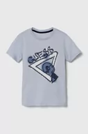 Koszulki dla chłopców - Guess t-shirt bawełniany dziecięcy kolor niebieski z nadrukiem - miniaturka - grafika 1