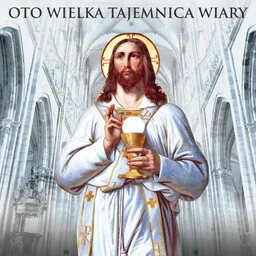 Baner religijny na Boże Ciało, symbole eucharystyczne "Oto wielka tajemnica wiary" 150x150 cm - Ikony i obrazy sakralne Baner religijny na Boże Ciało, symbole eucharystyczne "Oto wielka tajemnica wiary" 150x150 cm - Ikony i obrazy sakralne - miniaturka - grafika 1