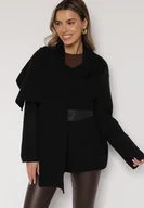 Swetry damskie - Czarny Wiskozowy Kardigan z Paskiem i Narzutką Rewedisa - Born2be - miniaturka - grafika 1