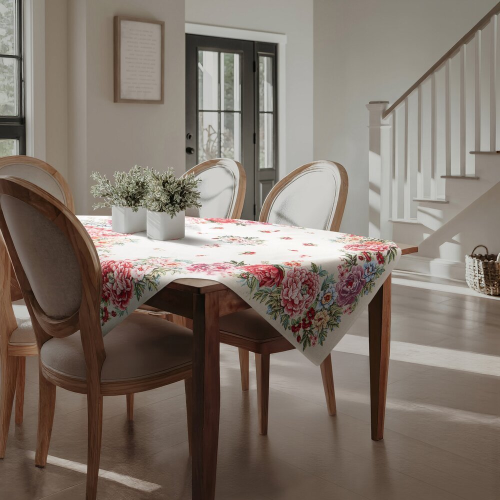 Obrus dekoracyjny gobelin GRIA 140x180 Eurofirany naturalny czerwony letnie kwiaty