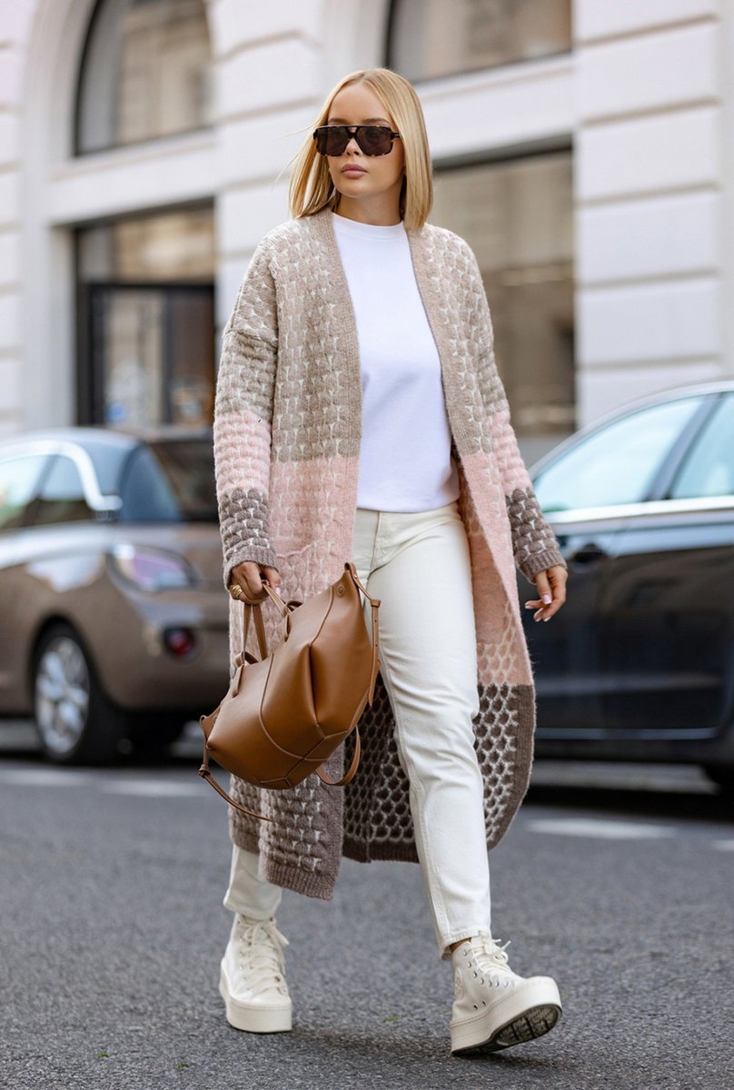 Długi, trójkolorowy kardigan - brązy z pudrem One size Sploty