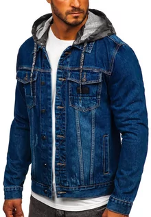 Kurtki męskie - Granatowa jeansowa kurtka męska z kapturem Denley RB9824-1 - grafika 1