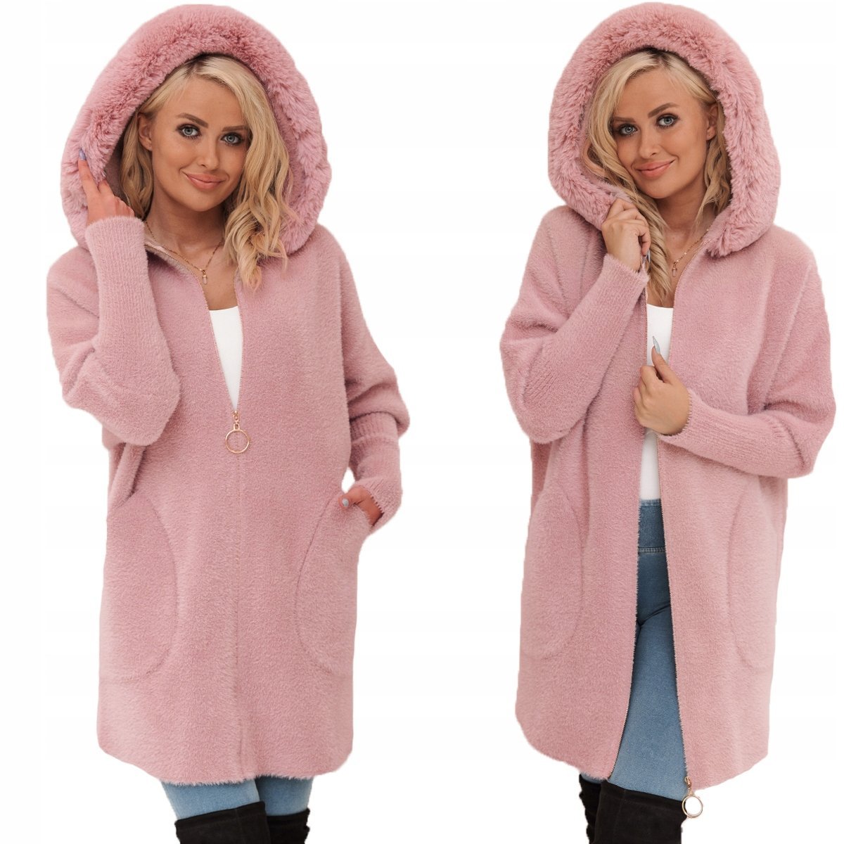 Z FUTERKIEM PŁASZCZ ALPAKA NA SUWAK WEŁNA CIEPŁY pudrowy róż