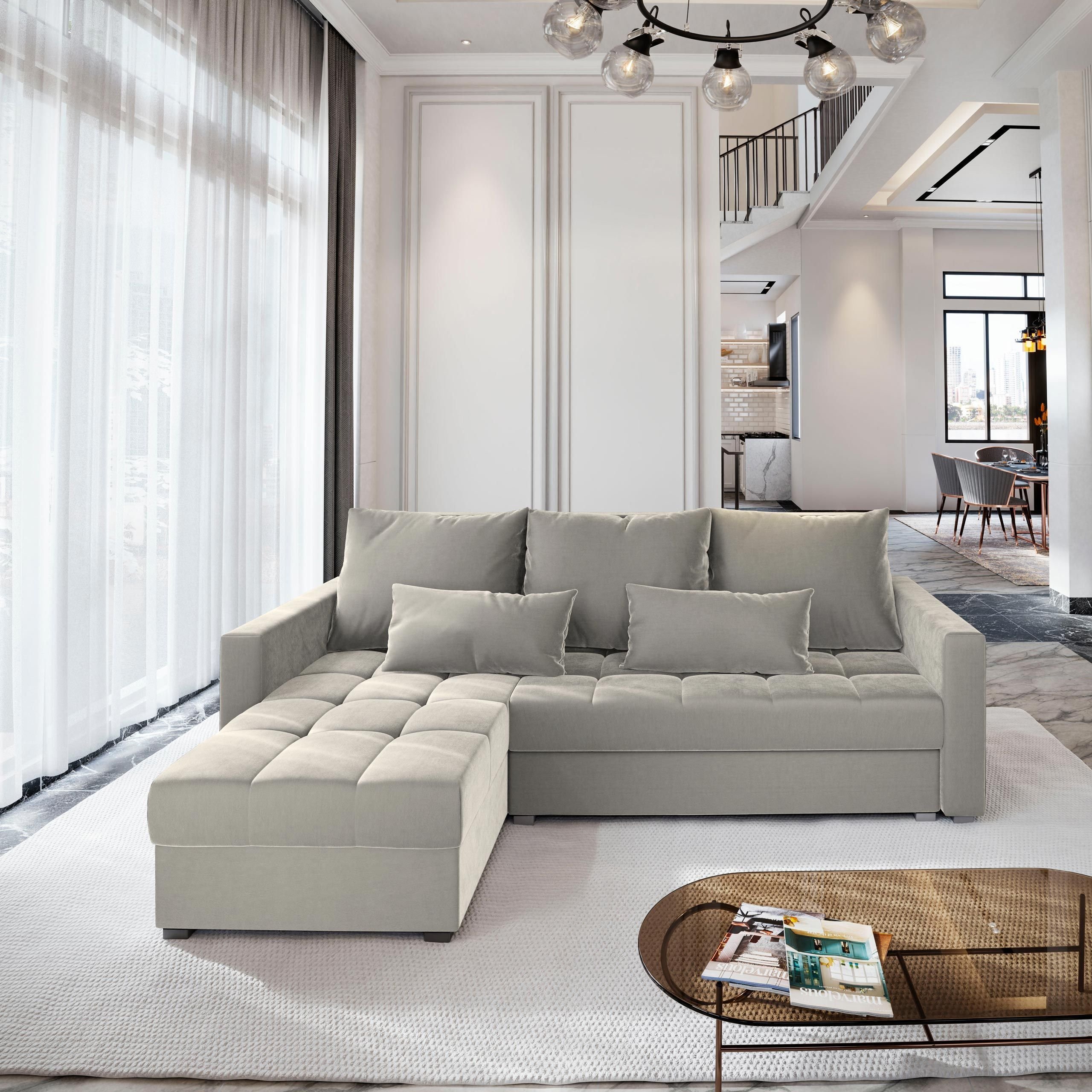 Masseno Narożnik KOS PIK z funkcją spania i pojemnikiem na pościel Kształt L, Rozkładana sofa, Rogówka - Beżowy, PAROS 02