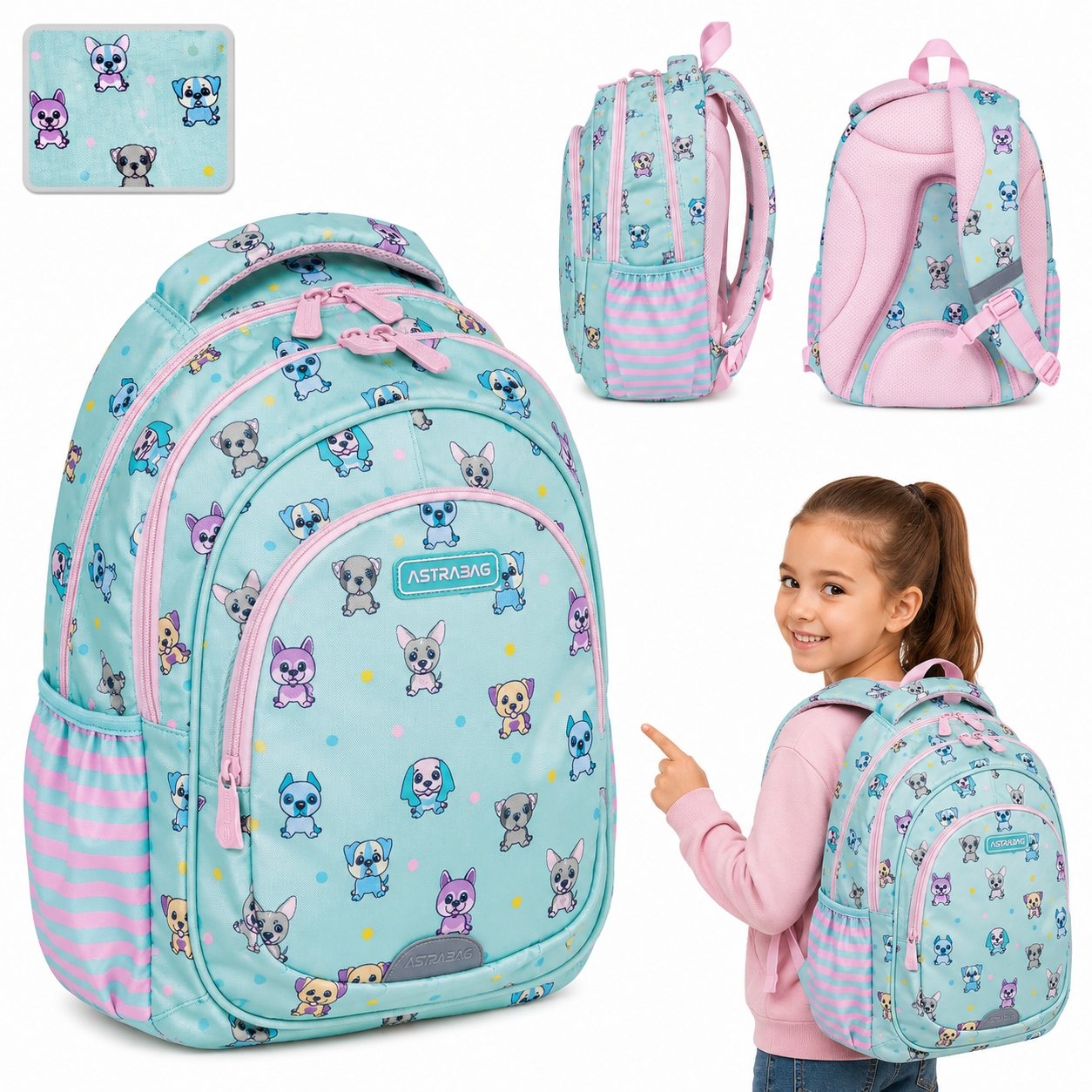 Plecak Szkolny Młodzieżowy Pieski Dla Dziewczynki 20L Klasa 1-3 Astrabag