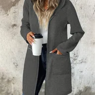Kurtki damskie - TEMU Damska swobodna długa kurtka z kapturem i zamkiem błyskawicznym - jednokolorowa odzież zewnętrzna o średniej długości, regularny krój, niezbędny - miniaturka - grafika 1