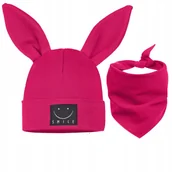 Czapki damskie - Komplet dziecięcy CZAPKA + CHUSTKA RÓŻOWY 44-48 BAWEŁNA 95% USZY KRÓLIKA - miniaturka - grafika 1