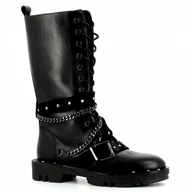 Botki damskie - Czarne skórzane botki damskie z ozdobnym wiązaniem CARINII - Carinii - miniaturka - grafika 1