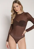 Body - Brązowe Gładkie Body z Długimi Rękawami Teuma - miniaturka - grafika 1