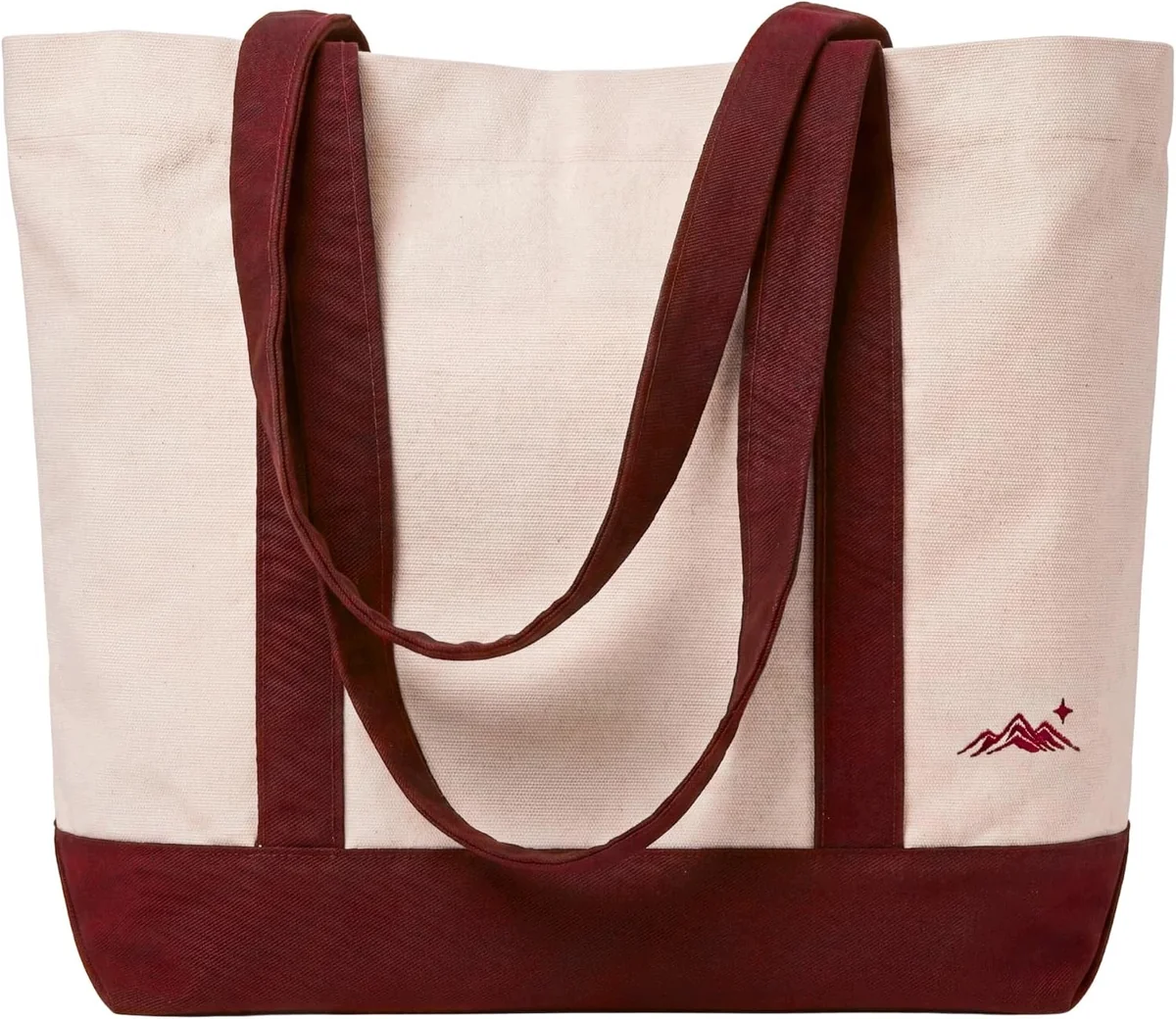 Torba shopper z płótna i gabardyny, burgundowa, szerokie dno, haft