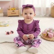 Dresy i komplety dla dziewczynek - TEMU Wiosenno-jesienna Sukienka z Rękawami w Liście i Spodnie w Kwiaty oraz Opaska z Kokardą, Idealna na Wyjścia na Zewnątrz – - miniaturka - grafika 1