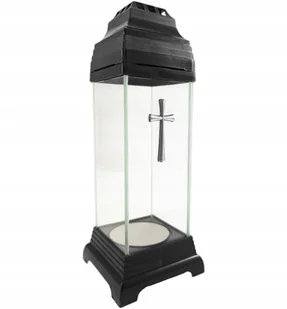 Znicz na grób mała kapliczka lampion szklany czarny z krzyżem srebrnym 25cm - Lampiony i znicze - miniaturka - grafika 1