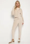 Spodnie sportowe damskie - Beżowy Welurowy Komplet Dresowy 2-Częściowy z Lampasami Bluza i Spodnie Atiriv - miniaturka - grafika 1