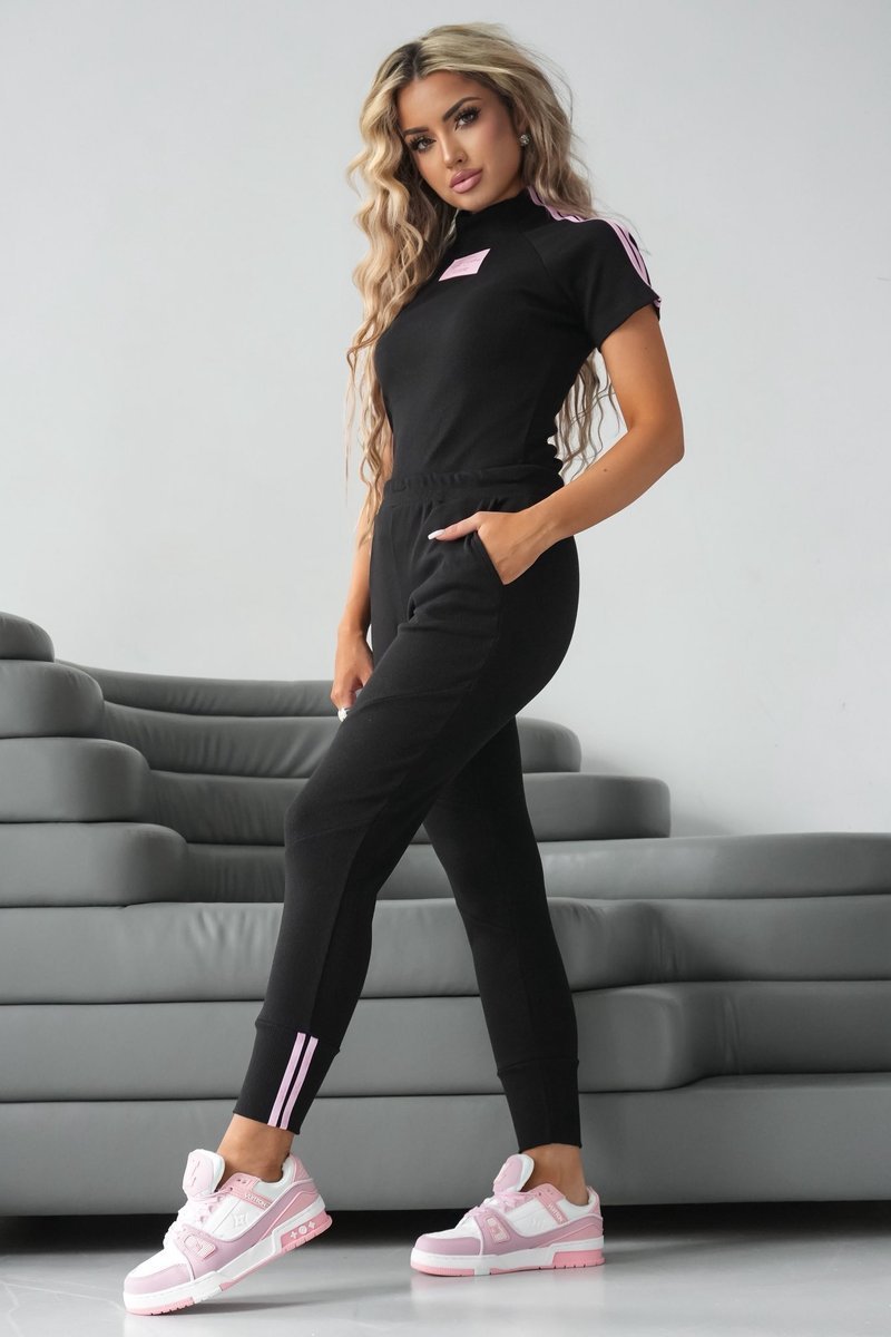 Dres damski LAKI czarny komplet lampas bawełna krótki rękaw S – L