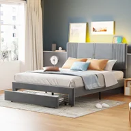 Łóżka - Łóżko tapicerowane Flieks 140x200cm z USB, łóżko młodzieżowe dwuosobowe z szufladą, drewniane łóżko do przechowywania ze stelażem listwowym i LED, aksamitne, szare - miniaturka - grafika 1