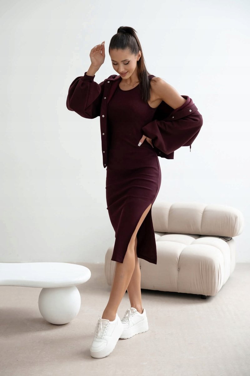 Dresowy Komplet Bluza Oversize Kaptur Sukienka Midi Prążek Burgund