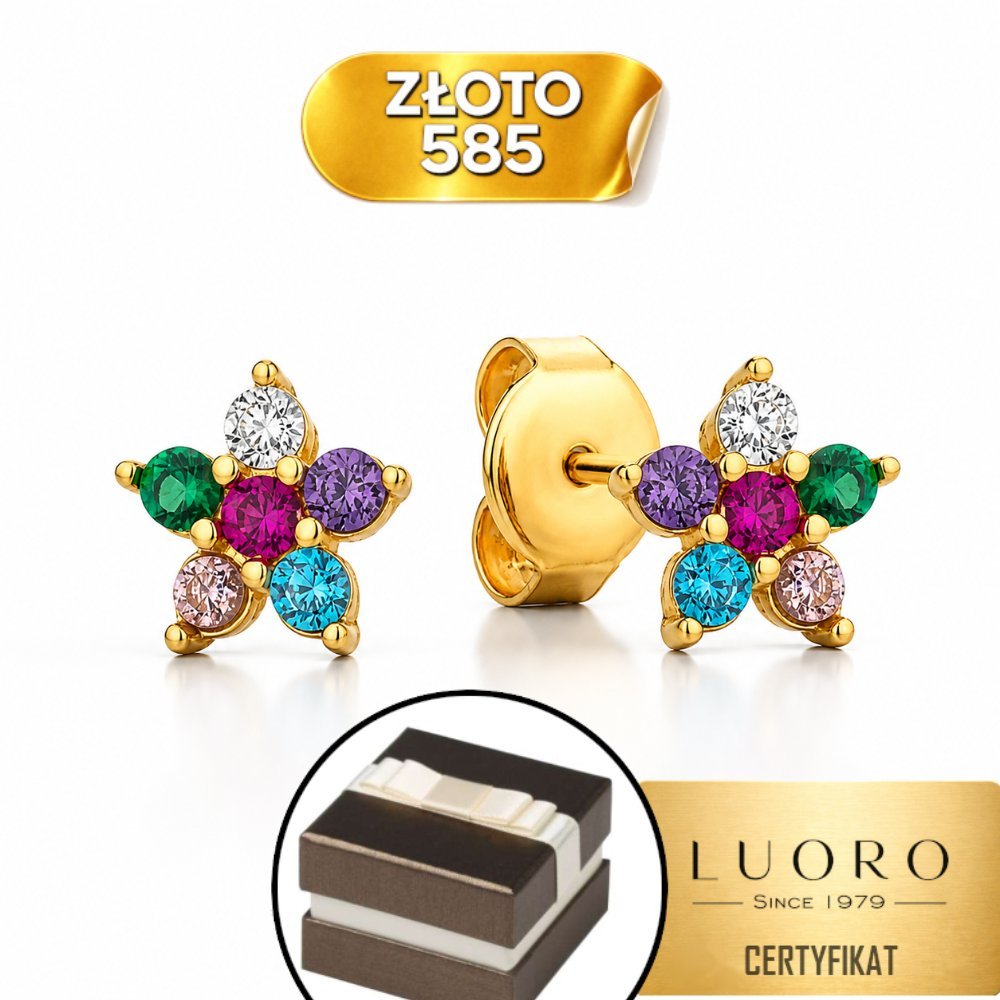 KOLCZYKI ZŁOTE 585 14K KWIATUSZEK KOLOROWY SZTYFT 6 MM ELEGANCKIE