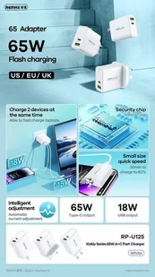 Ładowarka Sieciowa 65W USB + USB-C Remax Kiddy Series RP-U125 biała - Ładowarki do telefonów - miniaturka - grafika 2