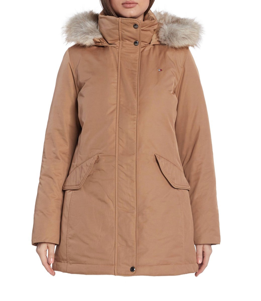 TOMMY HILFIGER BRĄZOWA KURTKA PARKA DAMSKA Z KAPTUREM I FUTERKIEM XS 6FA