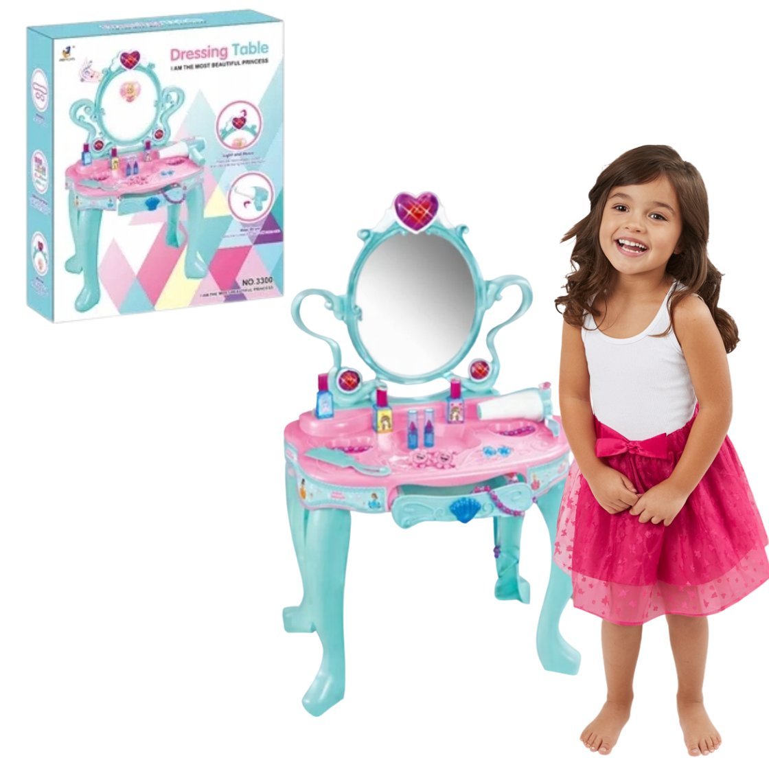 Toaletka dla małej księżniczki LED suszarka biżuteria akcesoria dzwięki