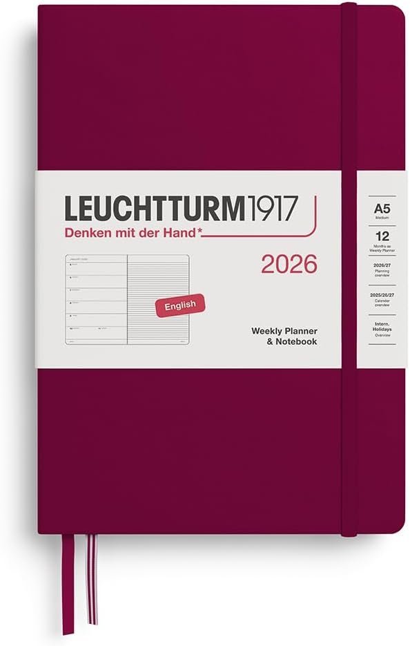 KALENDARZ TYGODNIOWY Z NOTATNIKIEM LEUCHTTURM1917 MEDIUM (A5) 2026 PORT RED (BORDOWY)