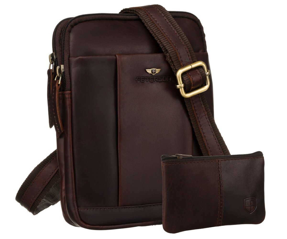 Torba męska na ramię skórzana PETERSON mała listonoszka crossbody długi regulowany pasek na ramię kieszonki na suwak w zestawie etui na klucze brązowa