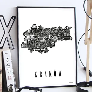 Mapa - KRAKÓW plakat czarno biały - Obrazy i zdjęcia na płótnie - miniaturka - grafika 1
