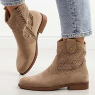 Botki damskie - Beżowe wiosenne zamszowe ażurowe botki damskie S.Barski 51-063 - S.BARSKI - miniaturka - grafika 1
