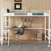 Łóżka dla dzieci i młodzieży - Żelazne łóżko na antresoli - 90x200cm - z biurkiem narożnym i półką - Białe - miniaturka - grafika 1