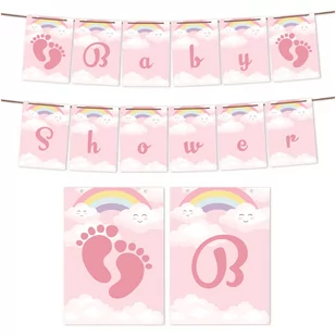 GIRLANDA BANER BABY SHOWER TĘCZA RÓŻ + SZNUREK Z2 - Baby shower i roczek - miniaturka - grafika 1