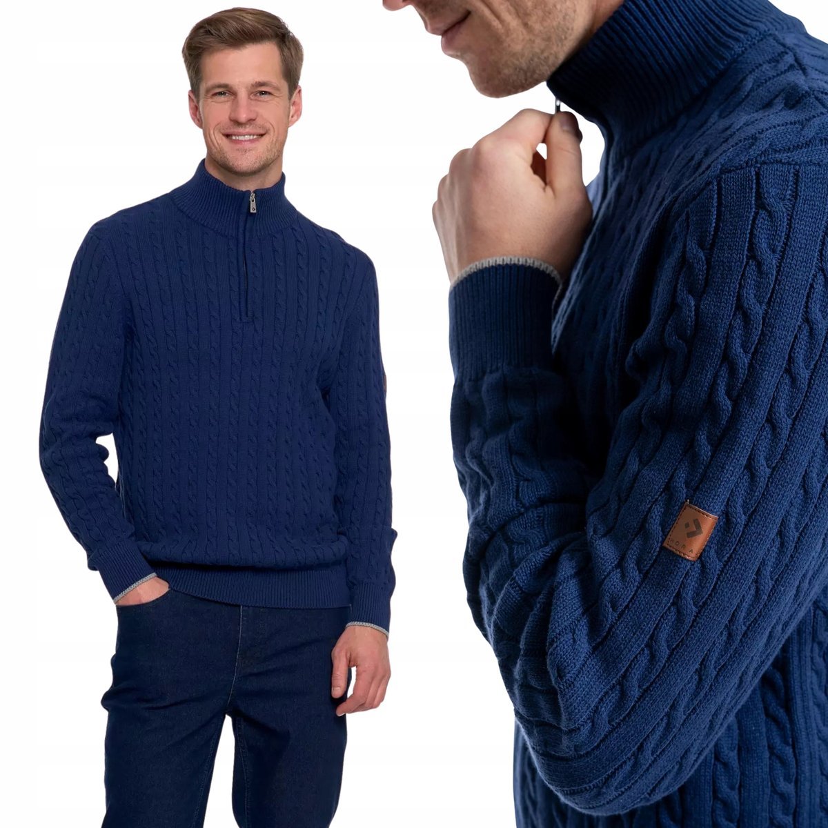 STYLOWY I ELEGANCKI SWETER MĘSKI BAWEŁNIANY PÓŁGOLF NA ZAMEK MORAJ NAVY M NAVY