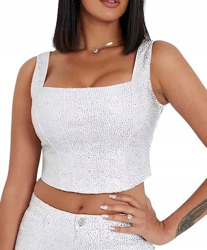 GUESS BIAŁY TOP NA SZERSZYCH RAMIĄCZKACH Z CEKINAMI XS GNA