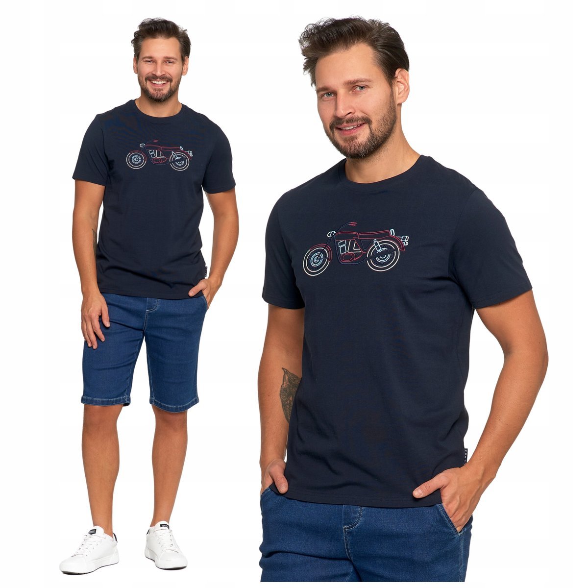 T-SHIRT MĘSKI HAFT MOTOCYKLA Koszulka z krótkim rękawem Bawełniana MORAJ L