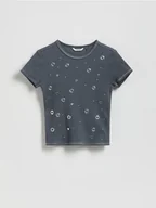 Koszulki dla dziewczynek - Reserved - Bawełniany t-shirt z aplikacją - ciemnoszary - miniaturka - grafika 1