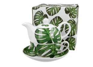 Dzbanek do herbaty porcelanowy z filiżanką i spodkiem DUO MONSTERA 350 ml - Zaparzacze i kawiarki - miniaturka - grafika 1