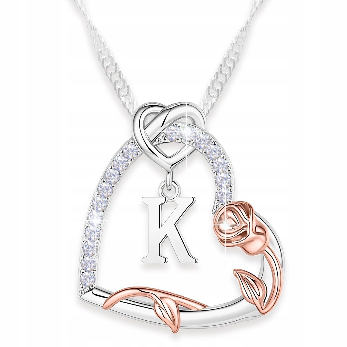 Naszyjnik Srebrny Serce Literka K Kwiat Życia Róża Cyrkonie SREBRO 925