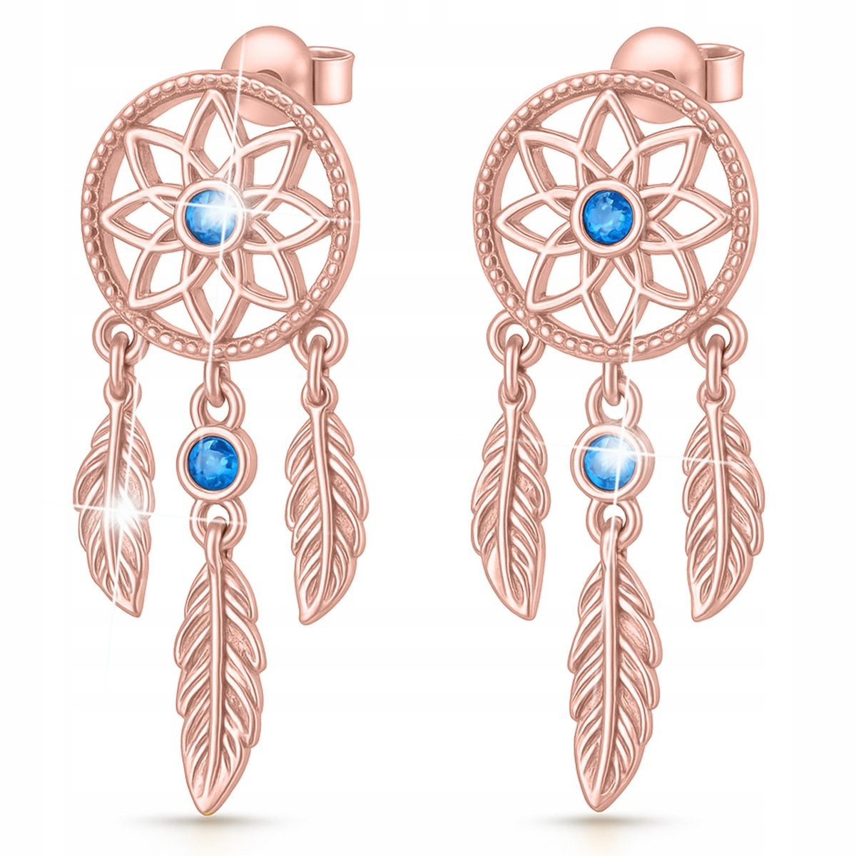 Kolczyki Pozłacane Łapacz Snów Kółka Pióra z Niebieskim Oczkiem SREBRO 925