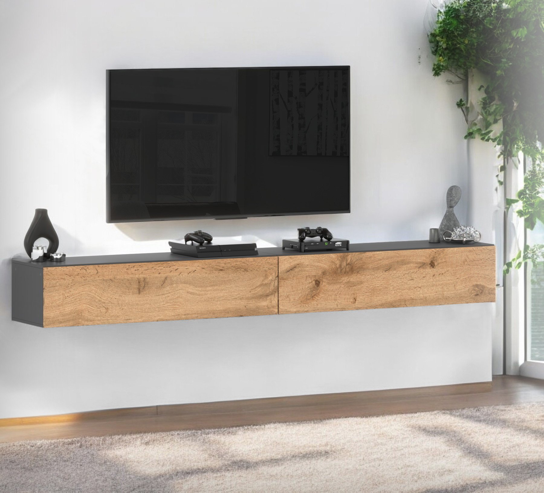 Szafka Rtv Wisząca 280cm Loft Pojemna Pod Telewizor Salon Szary Dąb Wotan