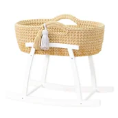 Lalki dla dziewczynek - Kołyska dla lalki- Kosz Mojżesza (SUNFLOWER) z materacem, pościelą, frędzlami + drewniana podstawa biała - miniaturka - grafika 1