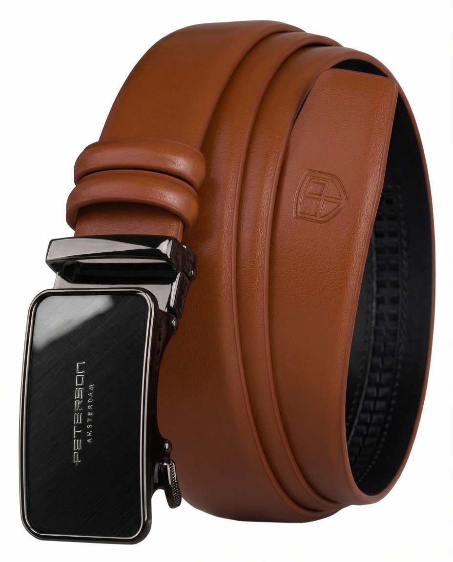 Casualowy pasek męski do spodni skórzany brązowy 135 PETERSON automatyczny czarna klamra modny