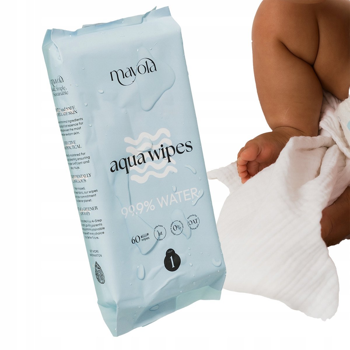 Mayola, Chusteczki nawilżane, water wipes 99,9% wody plus owies, 60 szt.