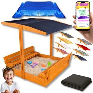 PREMIUM PIASKOWNICA Z DASZKIEM IMPREGNOWANA DREWNIANA 120 ZAMYKANA ŁAWKI PLANDEKA PREZENT DLA DZIECI + EBOOK - Place zabaw - miniaturka - grafika 1