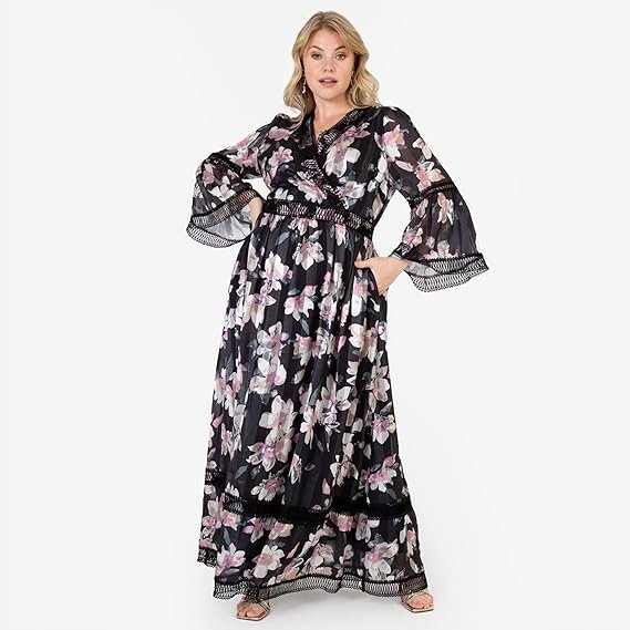 LOVEDROBE SUKIENKA PLUS SIZE MAXI W KWIATY Z OZDOBNYM DEKOLTEM 48 7CA