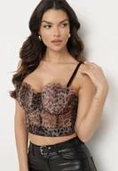 Bluzki damskie - Brązowy Transparentny Top Gorsetowy w Panterkę z Usztywnionymi Miseczkami Temindira - miniaturka - grafika 1