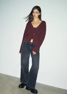 Swetry damskie - Stradivarius Sweter z guzikami Wiśniowy XL - miniaturka - grafika 1