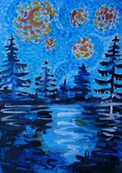 Obrazy i zdjęcia na płótnie - Kolorowy obraz ręcznie malowany pejzaż nocą - miniaturka - grafika 1