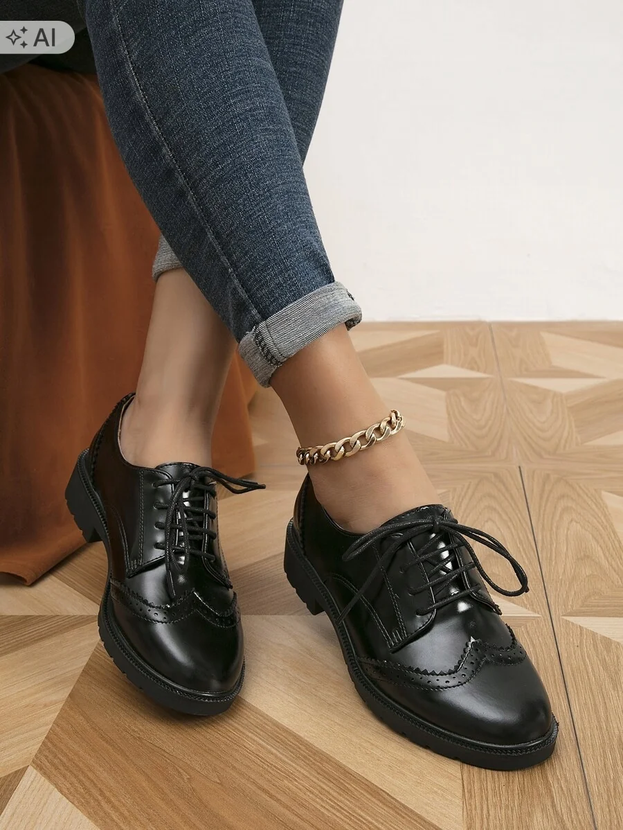 SHEIN CZARNE SKÓRZANE PÓŁBUTY BROGUE SZNUROWANE EUR38 1ŁA