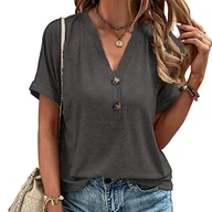 Bluzki damskie - Clotth Damska bluzka europejska i amerykańska, jednokolorowa, guziki, modna, krótkie rękawy, Ciemnoszary-m, M - miniaturka - grafika 1