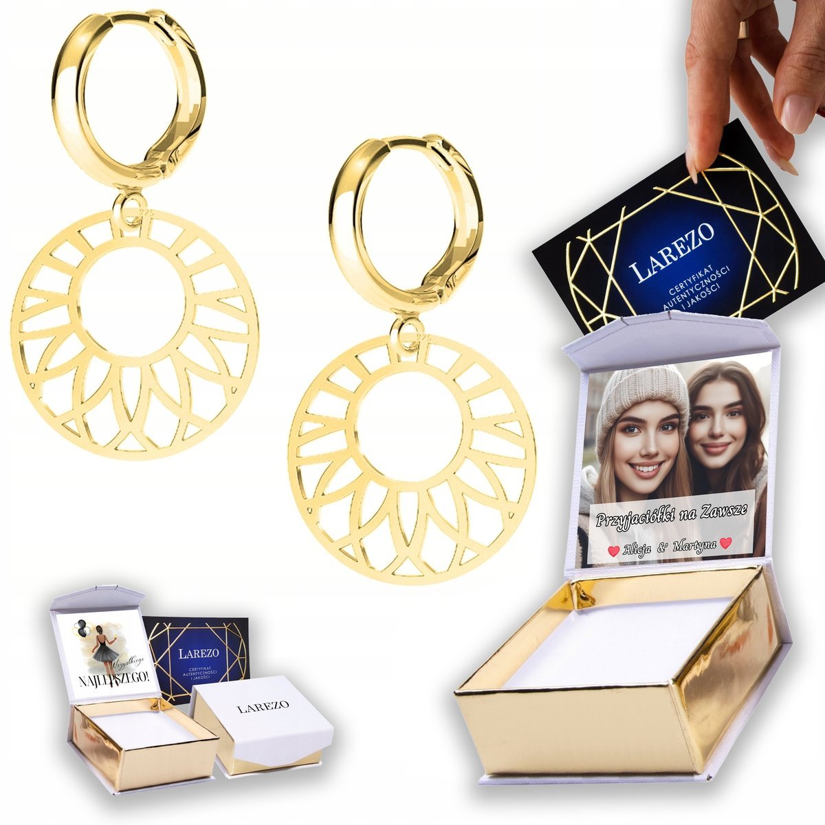 Złote Kolczyki 925 Ażurowy Okrąg Kółko Blaszka Rozetka Rozety NADRUK