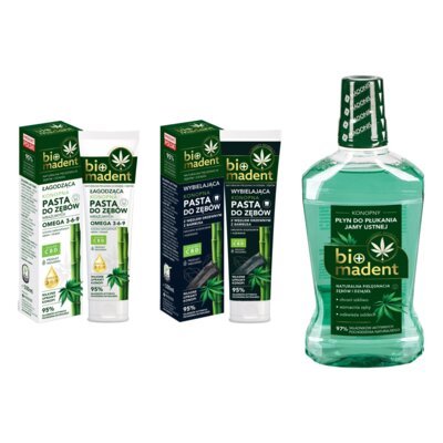 Pasta do zębów BIO MADENT Konopna Łagodząca 100 ml + Pasta do zębów BIO MADENT Konopna z węglem drzewnym bambusowym 100 ml yn do płukania jamy ustnej BIO MADENT Konopny 500 ml